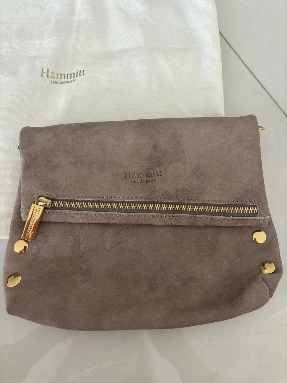 Hammitt Fold-Over Suede Crossbody Bag in Taupe
